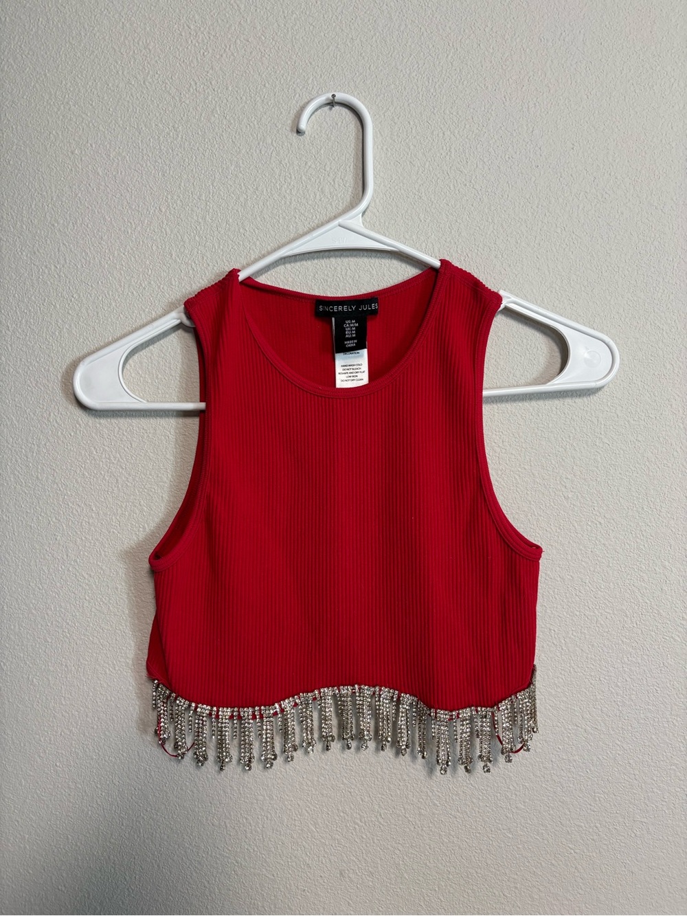 Sincerly Jules Red Ribbed Crop Top with Crystal Fringe